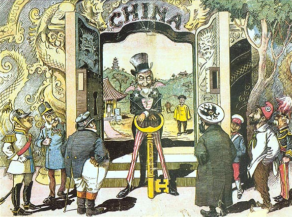 "The Open Door" (1899): Represents the Open Door Policy. The cartoonist's message is that the U.S. opened the doors to China to the other nations across the globe. Can also be interpreted as the U.S is keeping other countries out of China.